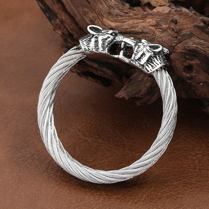 Viking Mythology Double Layer Solid Stainless Steel Open Adjustable Cuff Bracelet for Men Wrist Jewelry