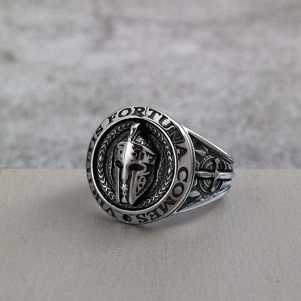 Vintage Stainless Steel Spartan Helmet Ring Engraved Virtutis Fortuna Comes for Men