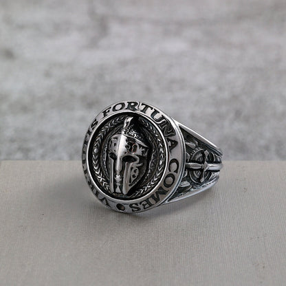 Vintage Stainless Steel Spartan Helmet Ring Engraved Virtutis Fortuna Comes for Men