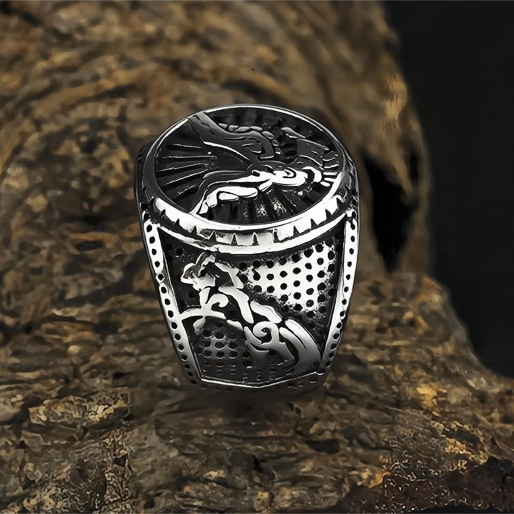 Vintage Solid Stainless Steel Norse Viking Eagle Totem Round Wide Signet Ring for Men