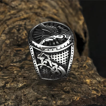 Vintage Solid Stainless Steel Norse Viking Eagle Totem Round Wide Signet Ring for Men