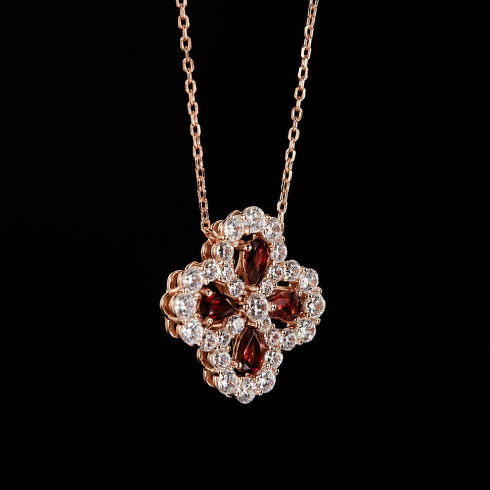 Women's Sterling Silver Hollow Four-leaf Clover Ruby Sapphire Pendant