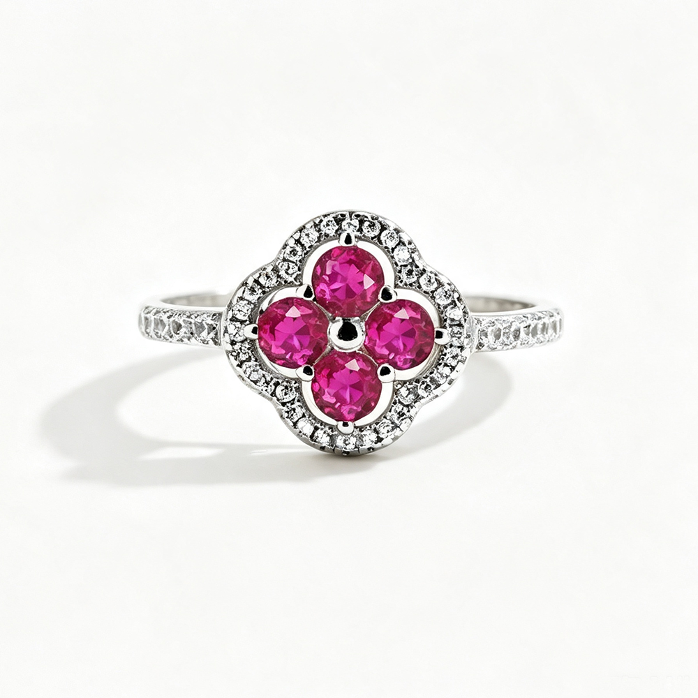 Women's S925 Silver White Gold Tone Ring, Four-Leaf Clover Shape Fuchsia Cubic Zirconia Halo Ladies Fashion Ring