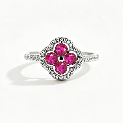 Women's S925 Silver White Gold Tone Ring, Four-Leaf Clover Shape Fuchsia Cubic Zirconia Halo Ladies Fashion Ring