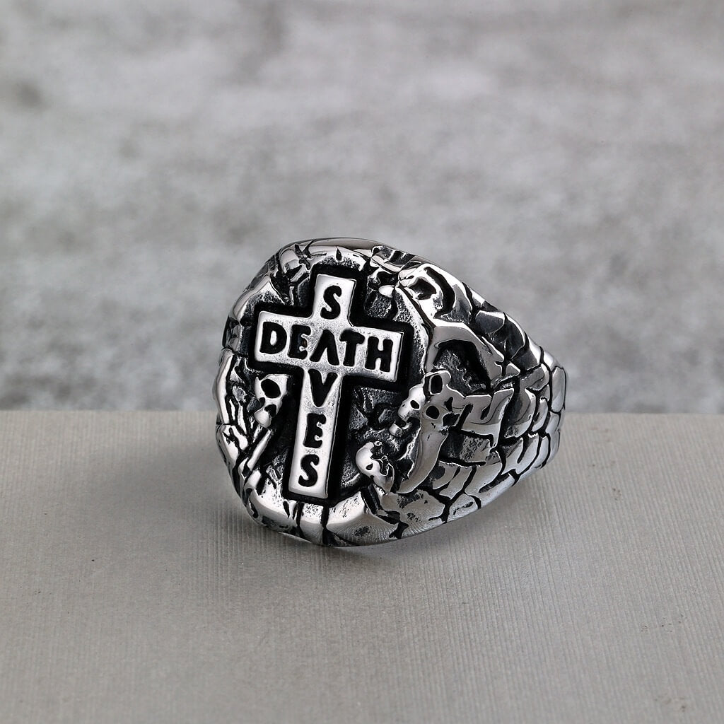 Vintage Antique Solid Stainless Steel 3D Carved Rock Crack Skull Death Cross Signet Ring for Men