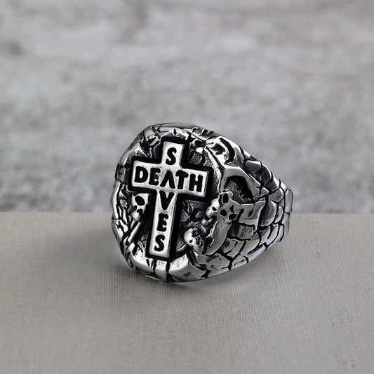Vintage Antique Solid Stainless Steel 3D Carved Rock Crack Skull Death Cross Signet Ring for Men