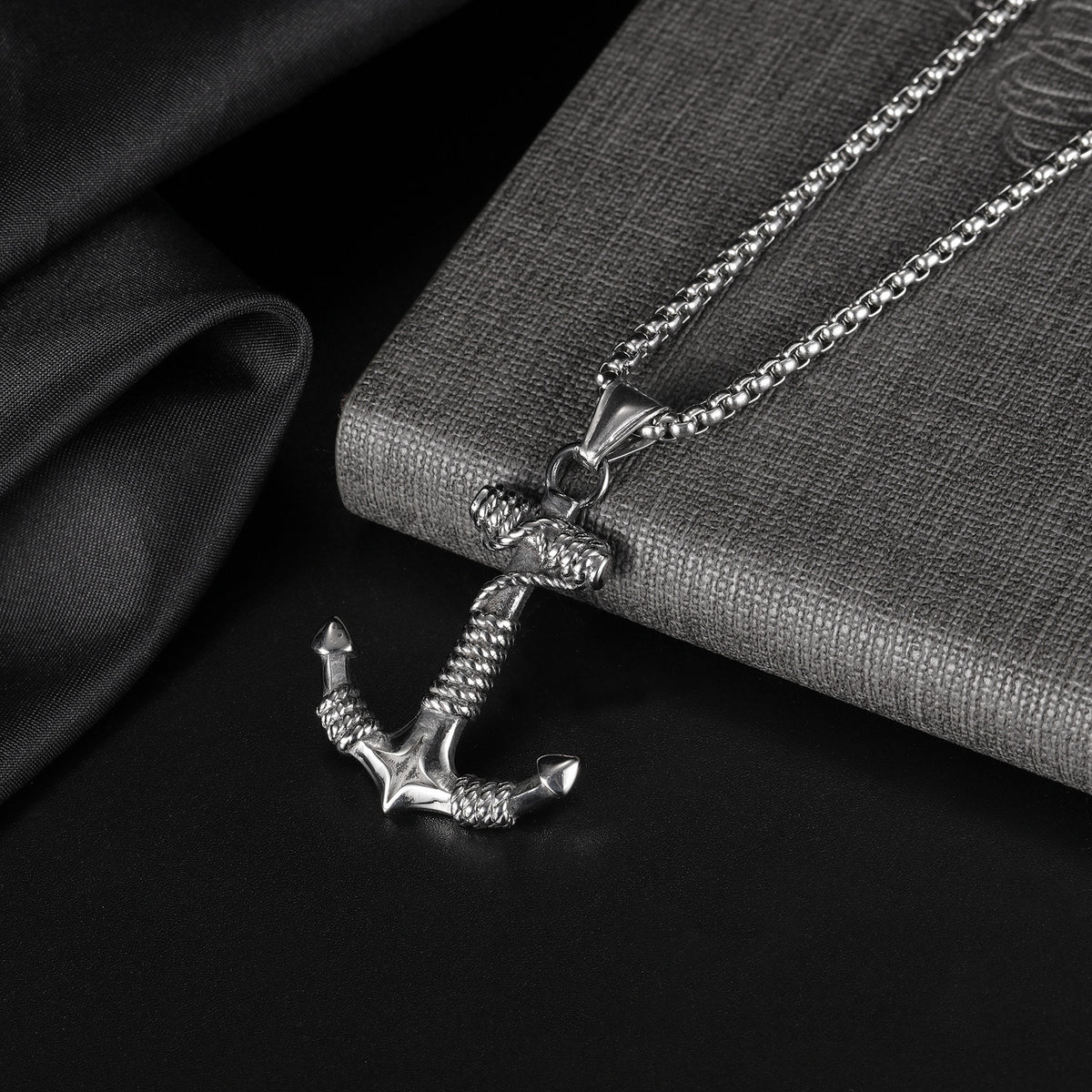 Men's Steel Rope Wrapped Anchor Pendant Necklace