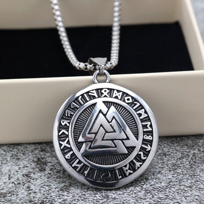 Men's Steel Viking Valknut Rune Round Tag Pendant Necklace
