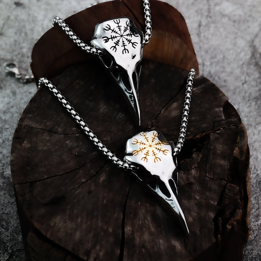Viking Compass Raven Head Men's Stainless Steel Pendant Necklace