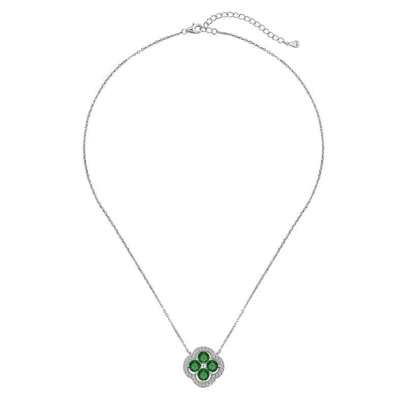 Niche Exquisite S925 Sterling Silver Four-Leaf Clover Necklace, Inlaid Green & White Round Zirconia Floral Fashion Pendant