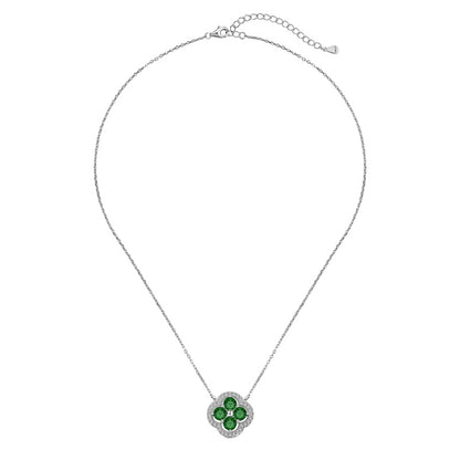 Niche Exquisite S925 Sterling Silver Four-Leaf Clover Necklace, Inlaid Green & White Round Zirconia Floral Fashion Pendant