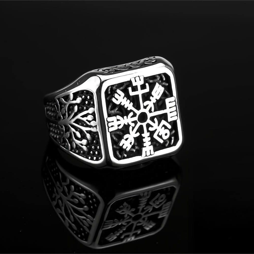 Vintage Solid Stainless Steel Viking Vegvisir Compass Tree of Life Square Signet Ring for Men