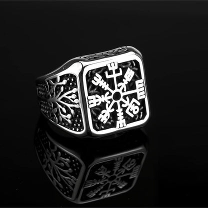 Vintage Solid Stainless Steel Viking Vegvisir Compass Tree of Life Square Signet Ring for Men