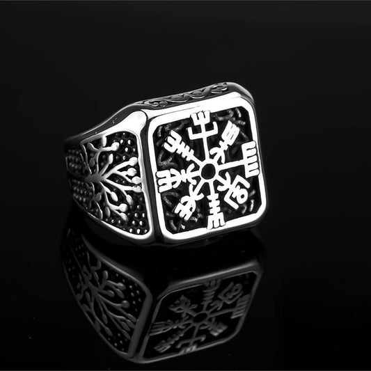 Vintage Solid Stainless Steel Viking Vegvisir Compass Tree of Life Square Signet Ring for Men