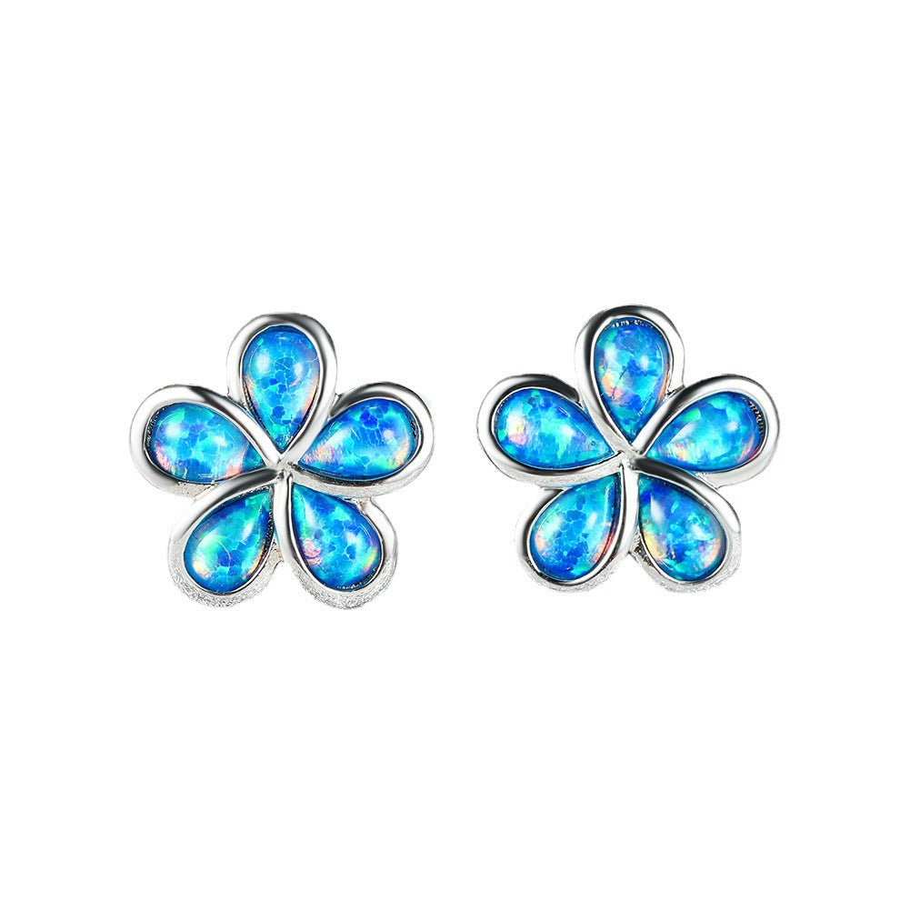 Women's Five Petal Flower Inlaid White & Blue Opal Stud Earrings, White Gold Plating