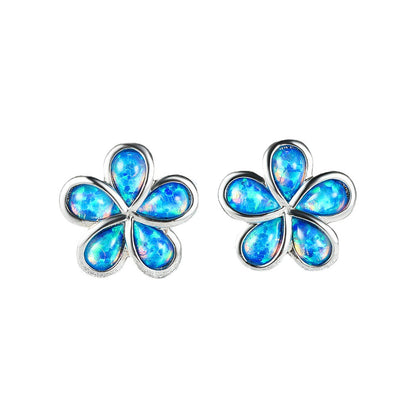 Women's Five Petal Flower Inlaid White & Blue Opal Stud Earrings, White Gold Plating