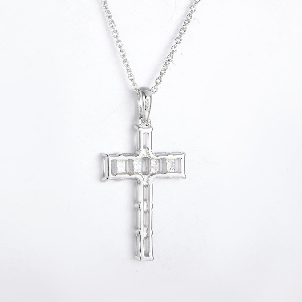 Women's Sterling Silver Emerald Cut Moissanite Tennis Cross Pendant