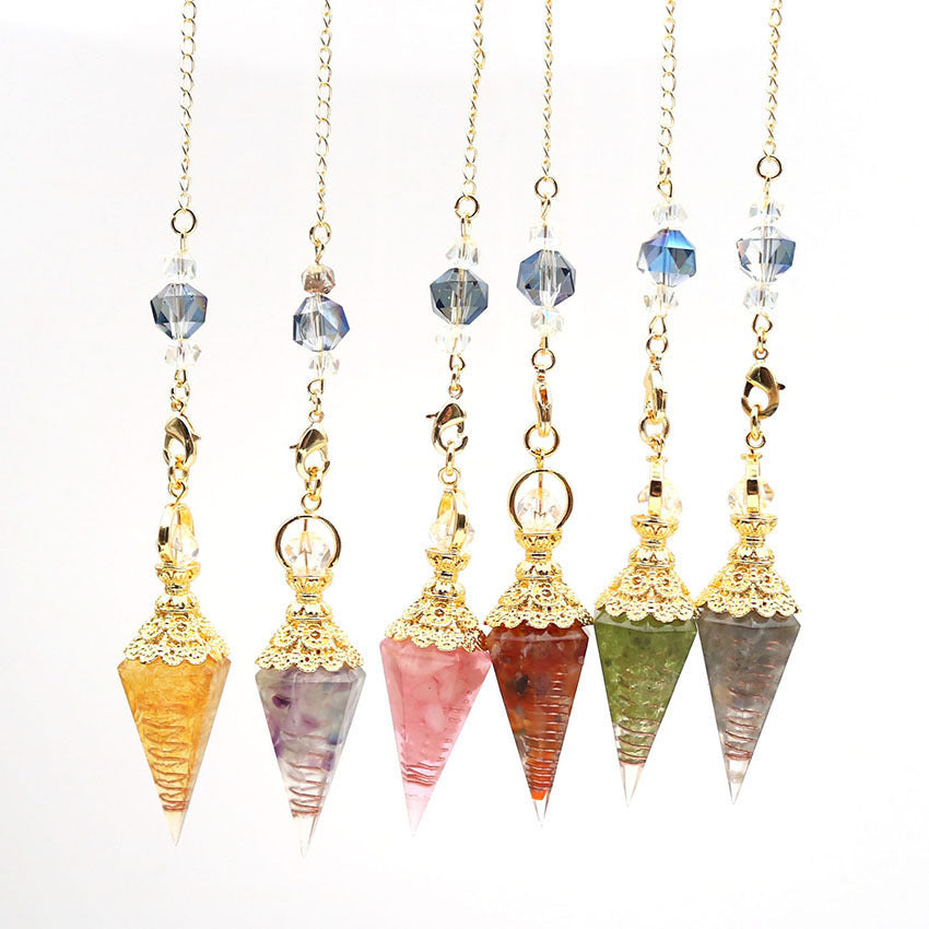 Crystal agate stone colorful crushed stone resin golden hexagonal pyramid spirit pendulum