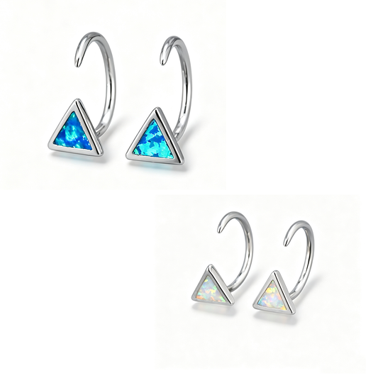 Women's Triangle Bezel Blue & White Opal C Hook Earrings, White Gold Plating