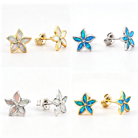 Women's Five‑Petal Flower Stud Earrings Inlaid With White & Blue Opal, with Gold Plating / with White Gold Plating