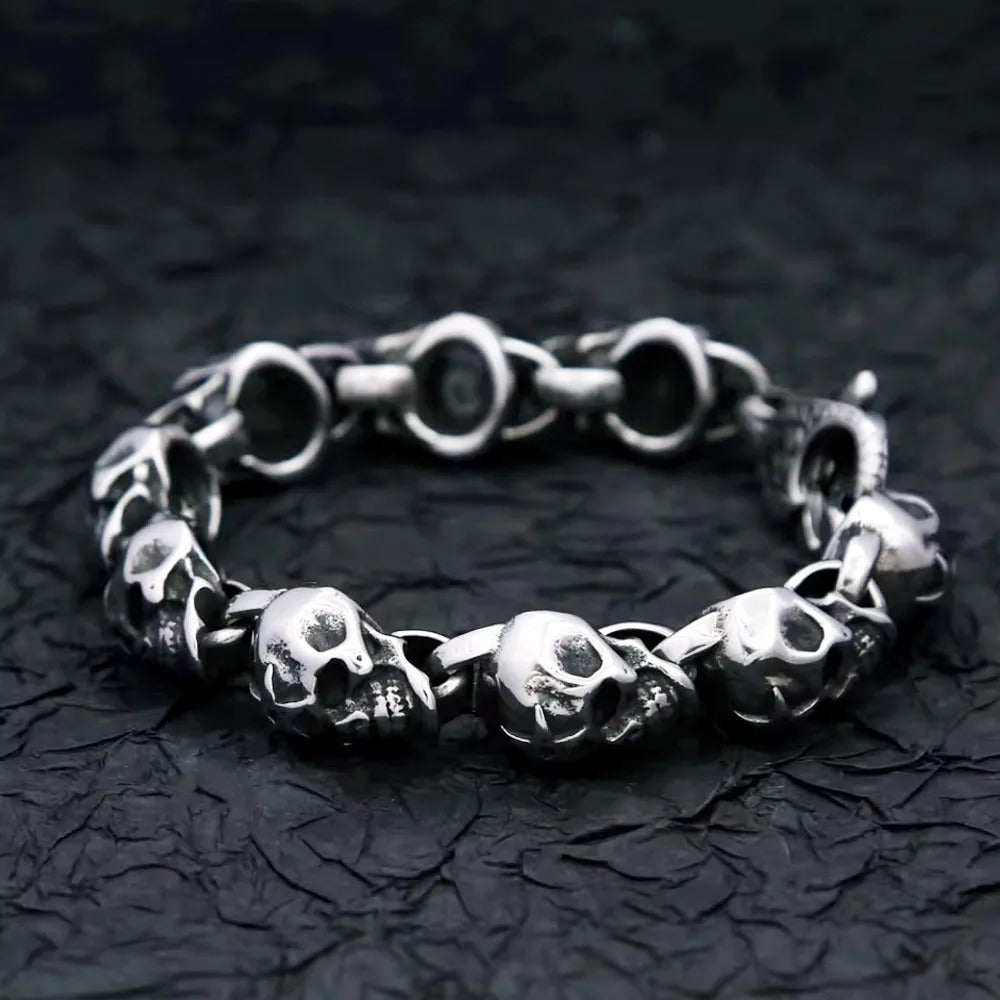 Men's Vintage Hip Hop Stainless Steel Chain Bracelet, Engraved Skull Star Pattern Lobster Clasp Fashion Wrist Bangle Jewelry