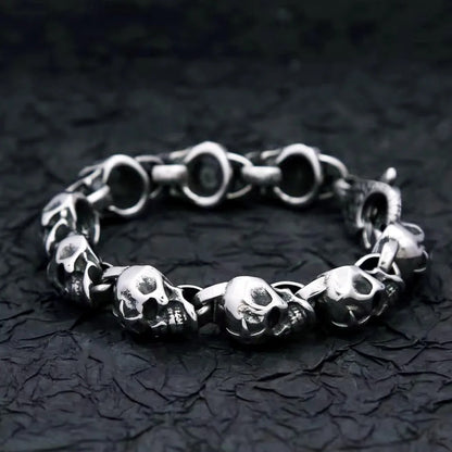 Men's Vintage Hip Hop Stainless Steel Chain Bracelet, Engraved Skull Star Pattern Lobster Clasp Fashion Wrist Bangle Jewelry