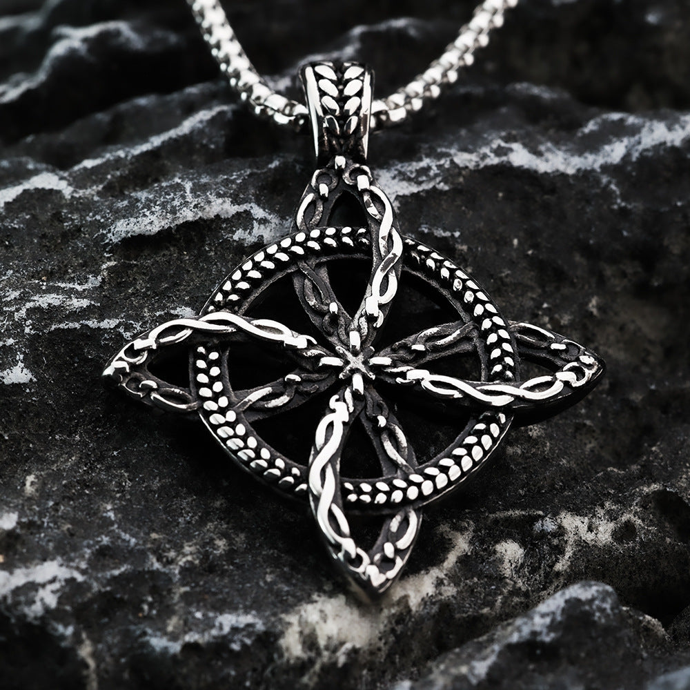 Vintage Antique Oxidized Stainless Steel Men's Hollow Celtic Four Leaf Love Knot Viking Pendant Necklace