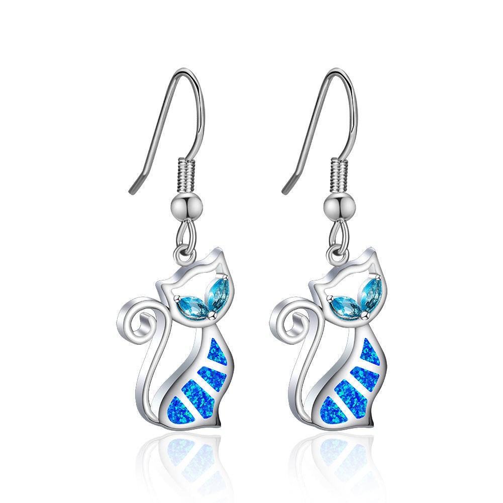 Women's Hollow Cute Cat Blue Eyes Blue Opal / White Opal Earrings, White Gold Plated