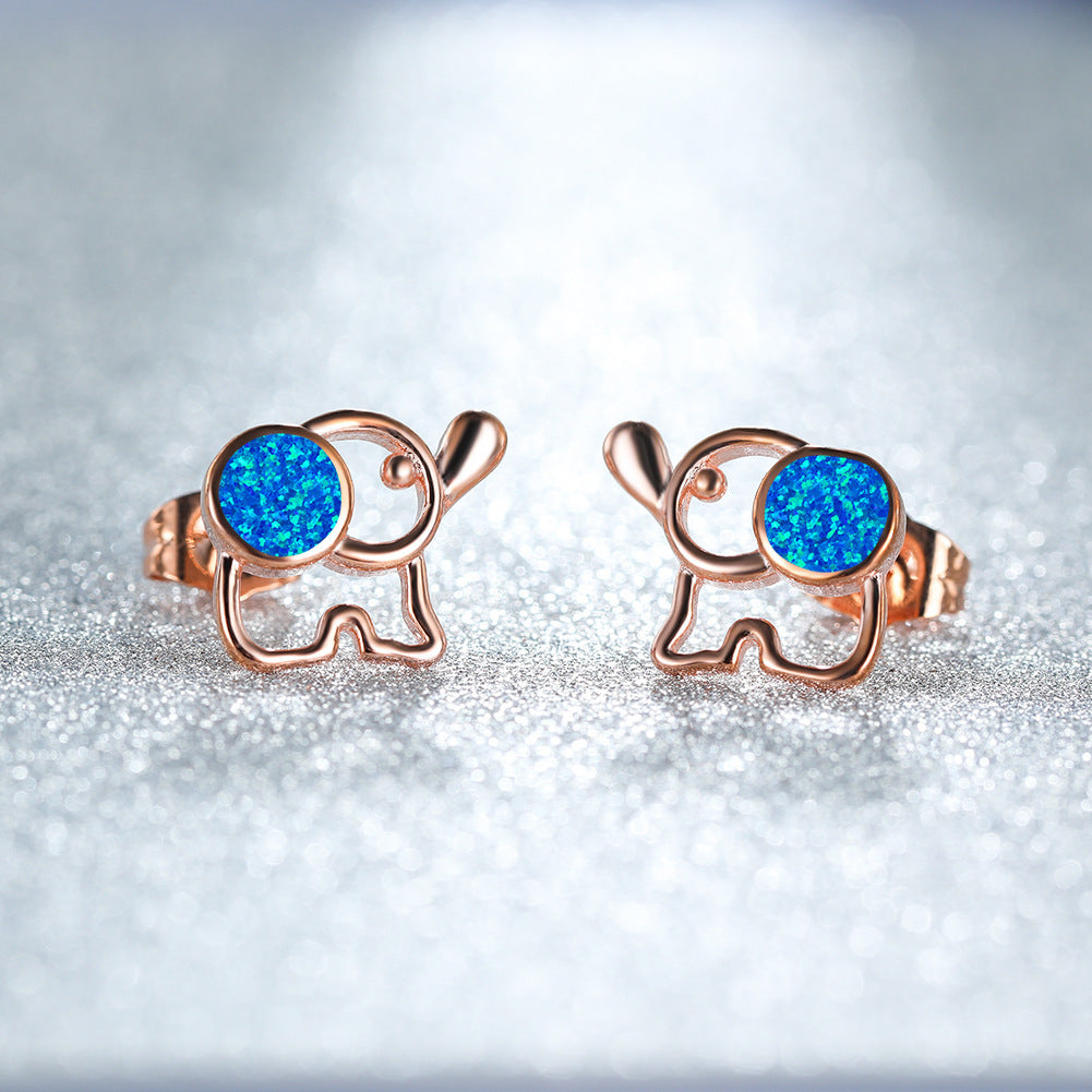 Women's Hollow Elephant‑Shape Stud Earrings, Blue Opal / White Opal Inlay