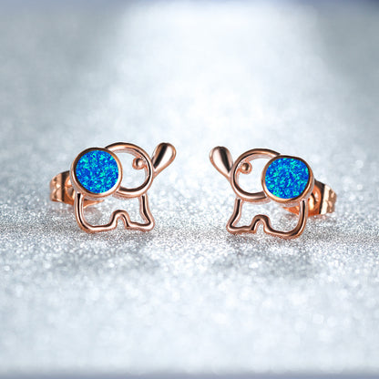 Women's Hollow Elephant‑Shape Stud Earrings, Blue Opal / White Opal Inlay
