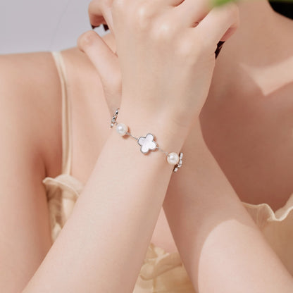 Women's Adjustable Bracelet, White Pearl With White Shell Clover Inlay, S925 with White Gold Plating