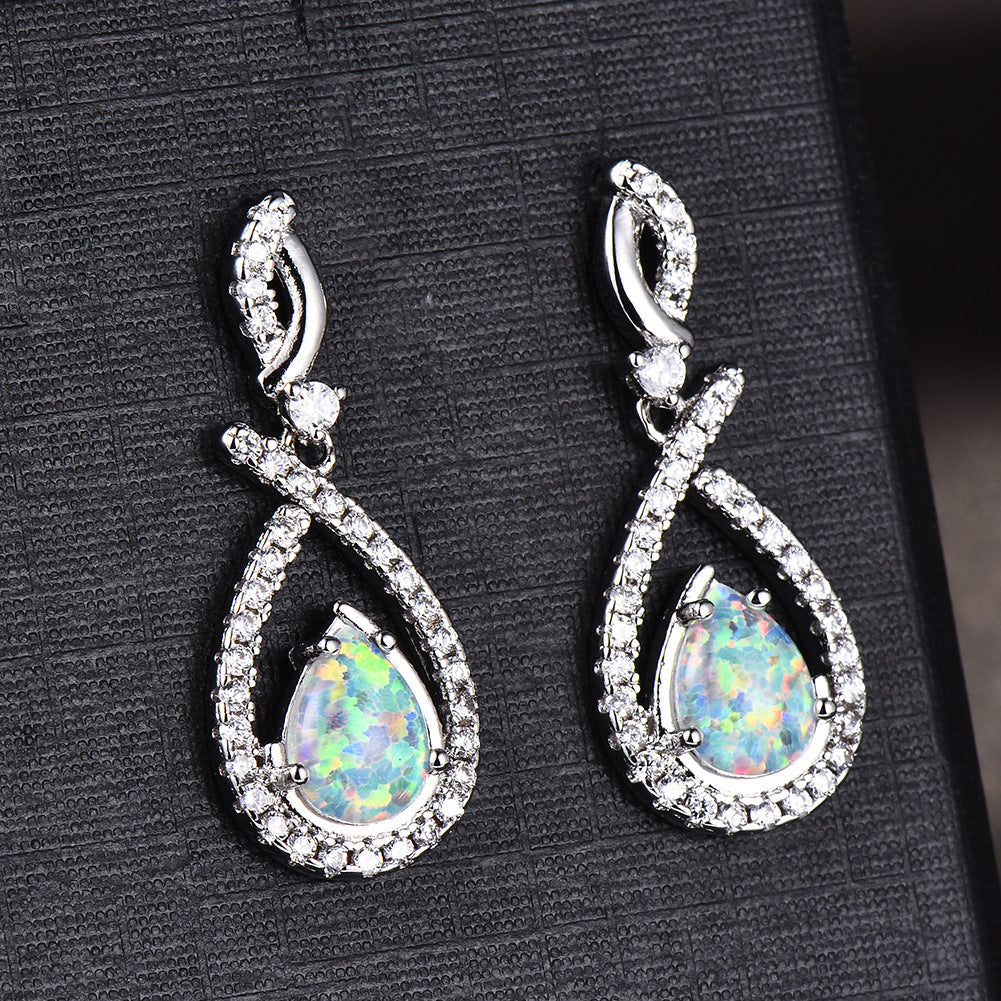 Women's Pear Shape Halo White & Blue Opal Teardrop Dangle Earrings, White Gold Plating
