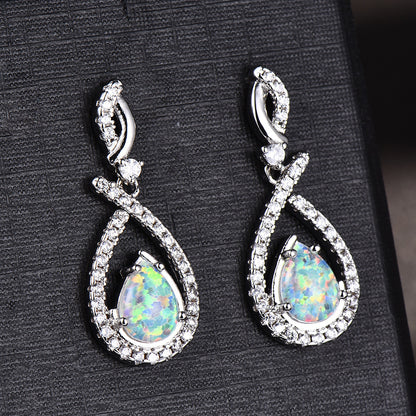 Women's Pear Shape Halo White & Blue Opal Teardrop Dangle Earrings, White Gold Plating