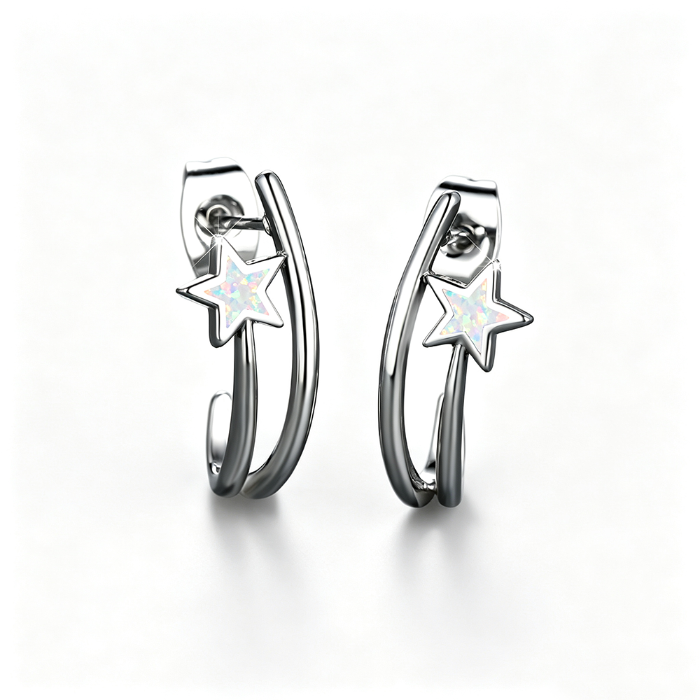 Women's Double‑Hoop C‑Shape Star Opal Hoop Earrings, with White Gold Plating / Rose Gold Plating