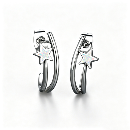 Women's Double‑Hoop C‑Shape Star Opal Hoop Earrings, with White Gold Plating / Rose Gold Plating