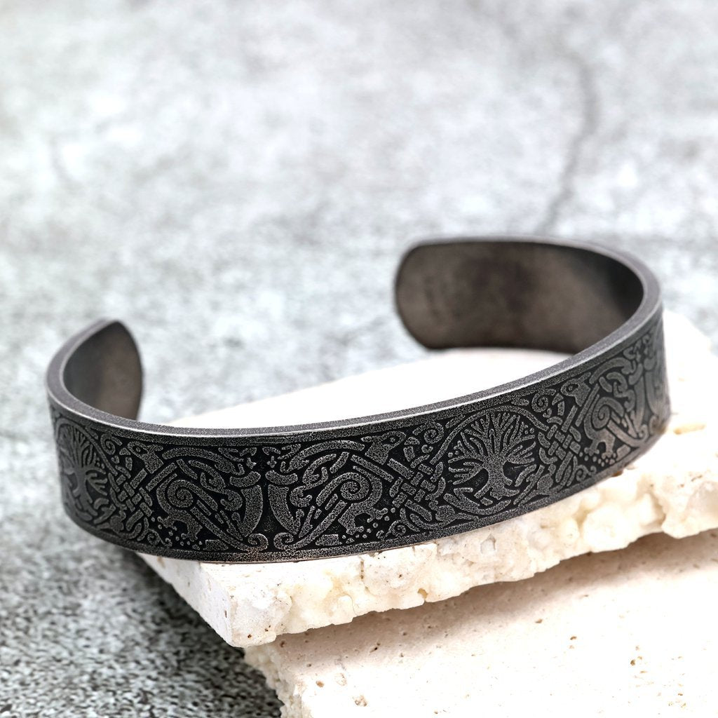 Men's Nordic Pirate Vintage Stainless Steel C-Cuff Bracelet with Engraved Viking Totem