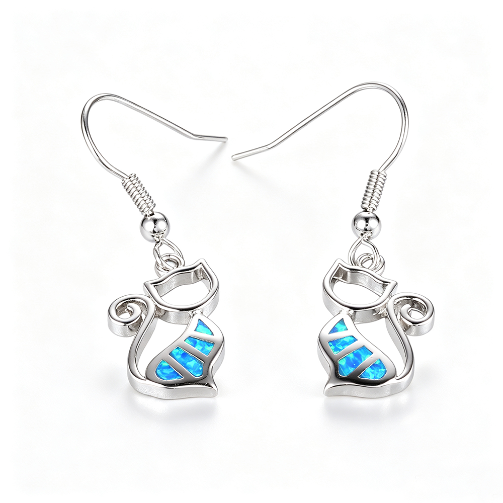Women's Hollow Cat Blue & White Opal Dangle Earrings, White Gold Plating