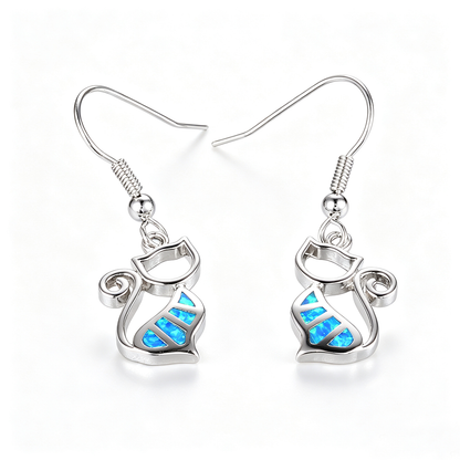 Women's Hollow Cat Blue & White Opal Dangle Earrings, White Gold Plating