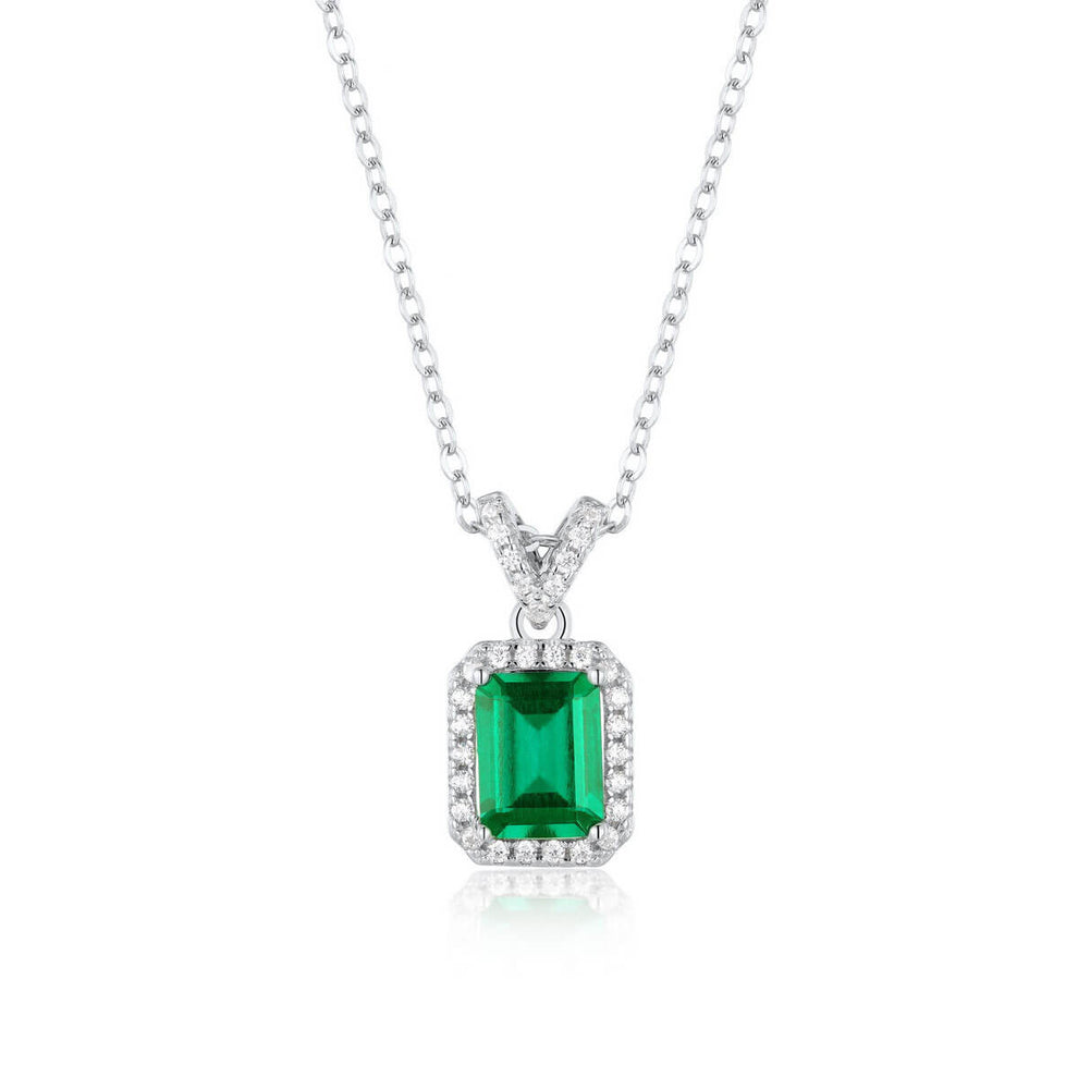 Women's Sterling Silver Rectangle Halo Emerald Pendant