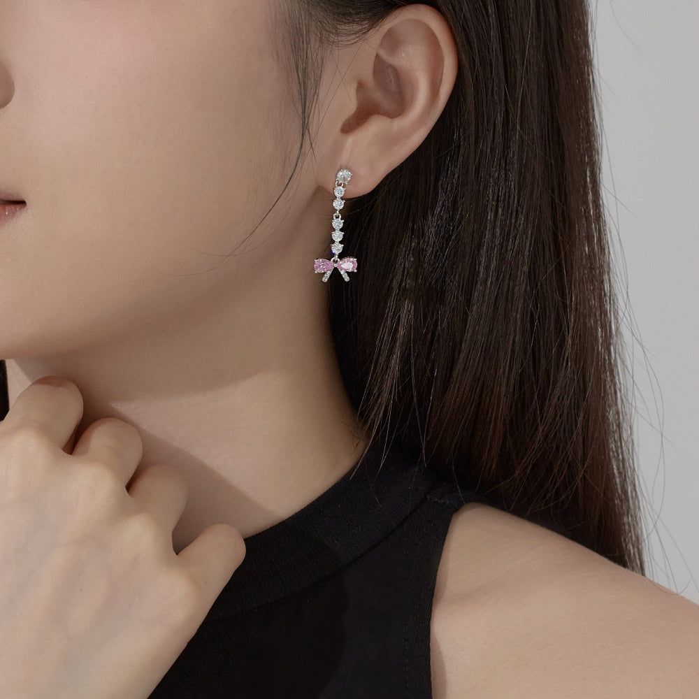 Women's Bow Dangle Earrings, Pink Zirconia Bow with Round Zirconia Chain, S925 with White Gold Plating