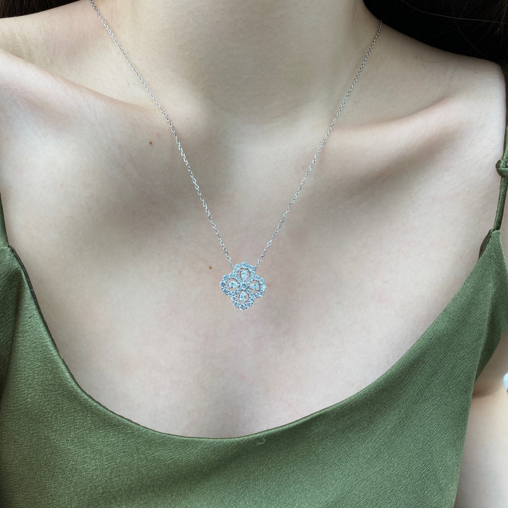 Women's Clover Pendant Necklace, Paved Zirconia Inlay, S925 with White Gold Plating