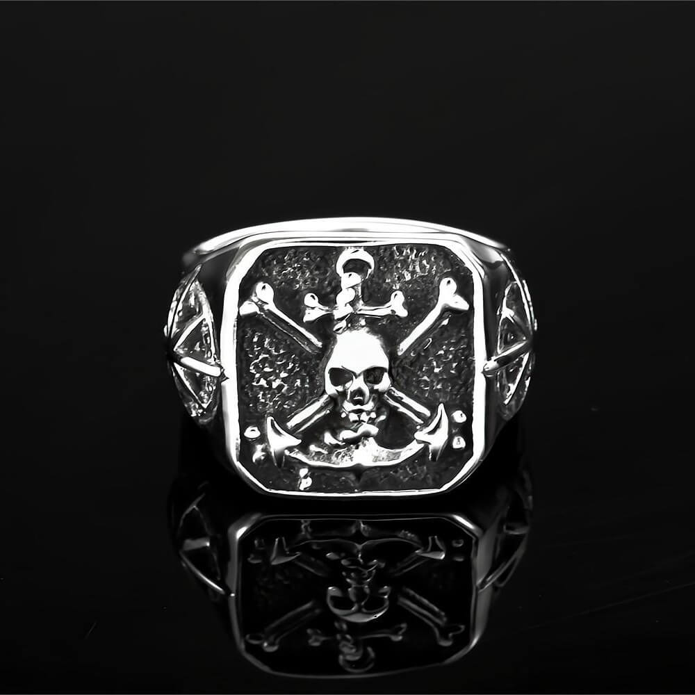 Vintage Solid Stainless Steel Pirate Skull Octagram Square Signet Ring for Men