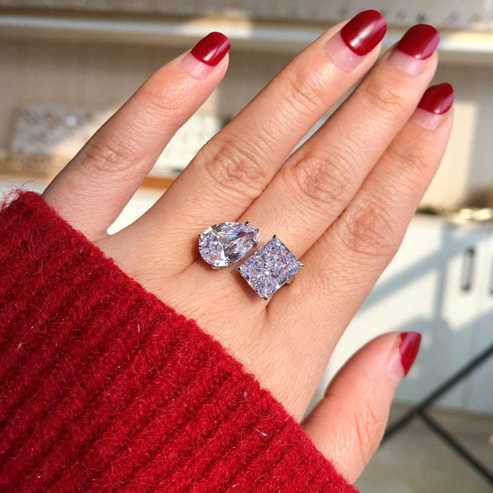 Women's Adjustable Double Main Stone Ring, Radiant Ice‑Flower Cut Rectangular Drop Zirconia, S925 with White Gold Plating