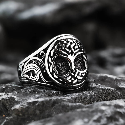 Vintage Solid Stainless Steel 3D Carved Viking Tree of Life Round Ring for Men