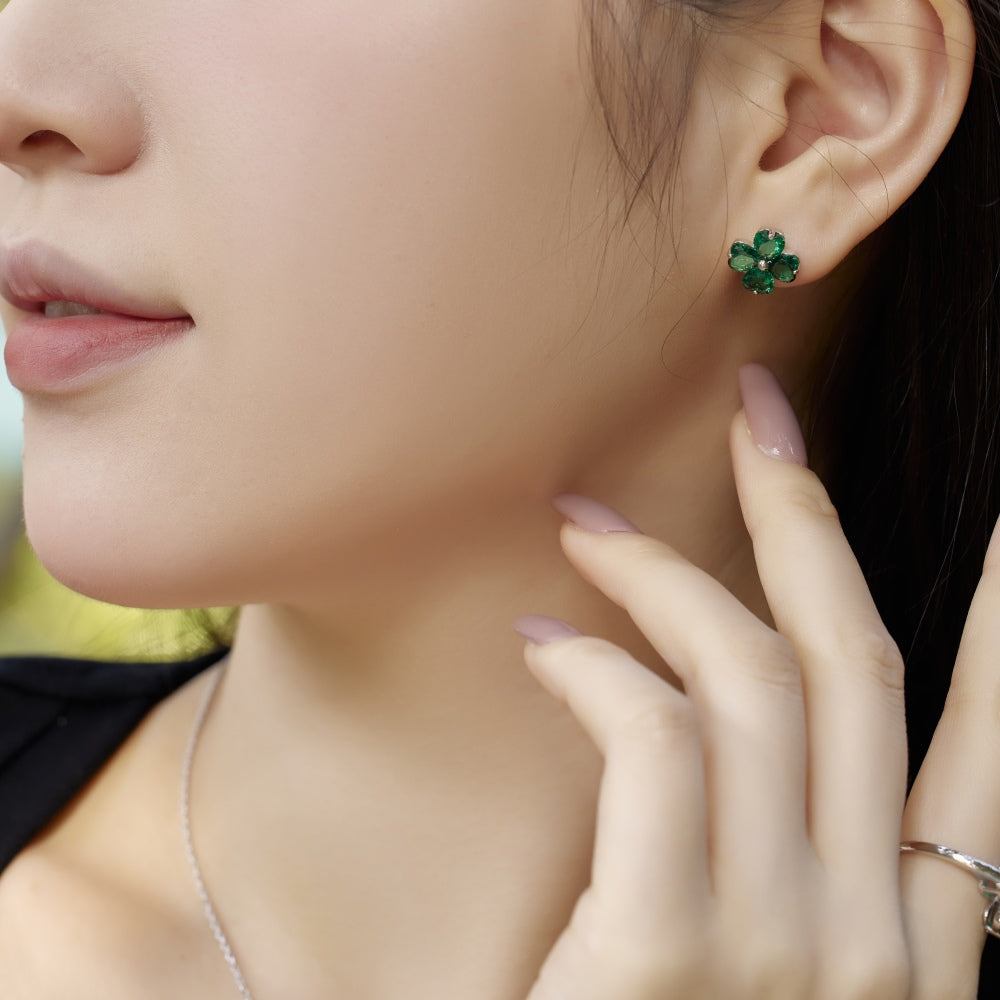 Women's Clover Stud Earrings, Heart‑Shape Emerald with Bead Accent, S925 with White Gold Plating