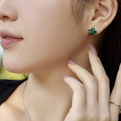 Women's Clover Stud Earrings, Heart‑Shape Emerald with Bead Accent, S925 with White Gold Plating