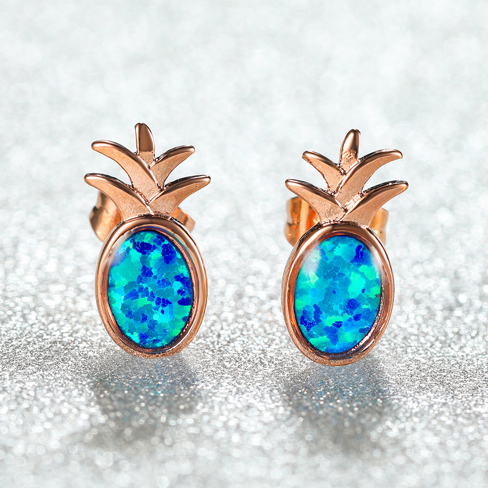 Women's Pineapple‑Shape Oval Blue & White Opal Stud Earrings