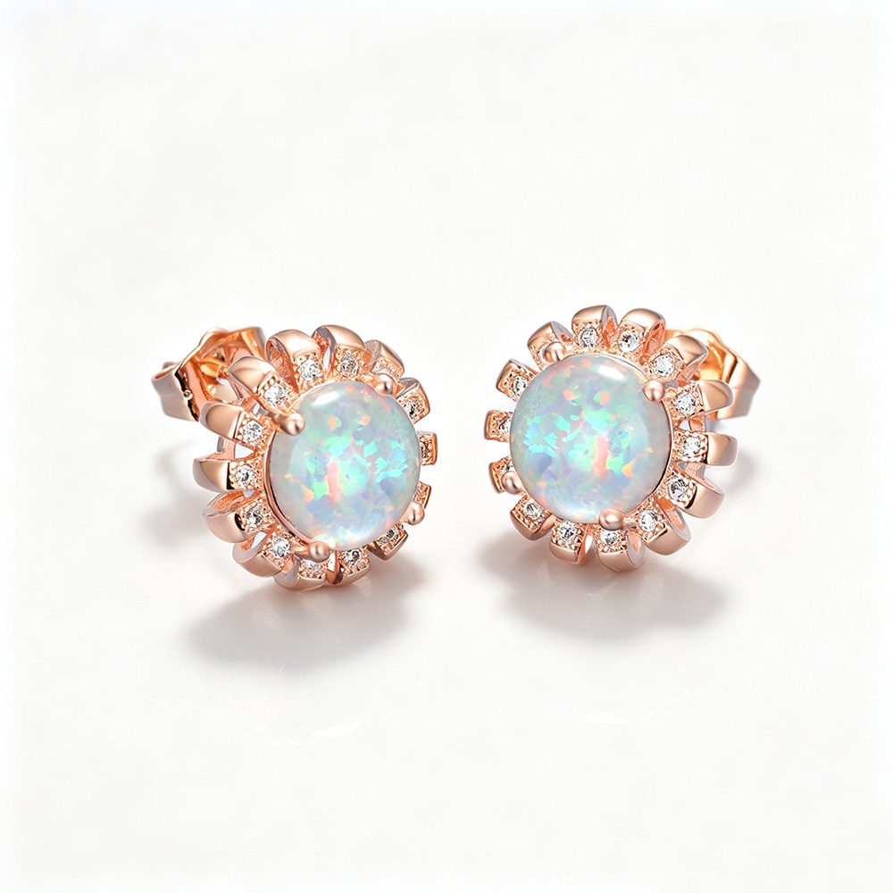 Women's Sunflower‑Shape Round Multi‑Color Opal With Zirconia Accent Stud Earrings, with Rose Gold Plating
