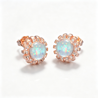 Women's Sunflower‑Shape Round Multi‑Color Opal With Zirconia Accent Stud Earrings, with Rose Gold Plating