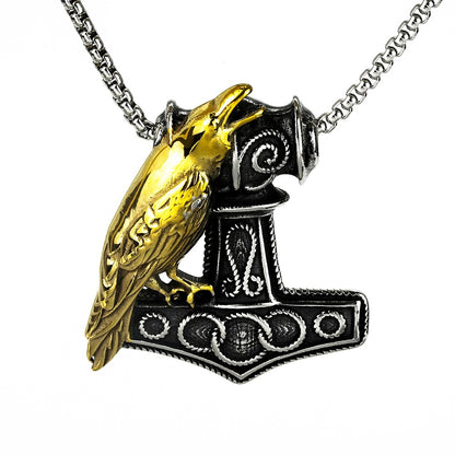 Vintage Stainless Steel Viking Raven and Anchor Combo Pendant Necklace for Men
